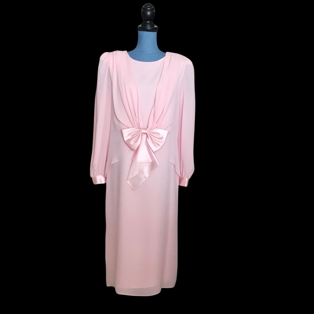 80s Vtg M-L After Dark Pink Satin Bow Pearl Button Shoulder Pad Back Zip Dress